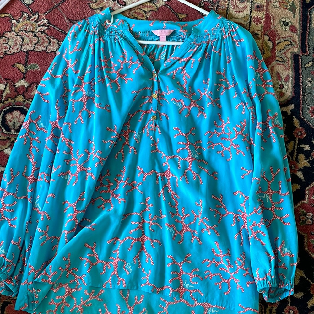 Lilly Pulitzer Coral Me Crazy Elsa Blouse Silk XL